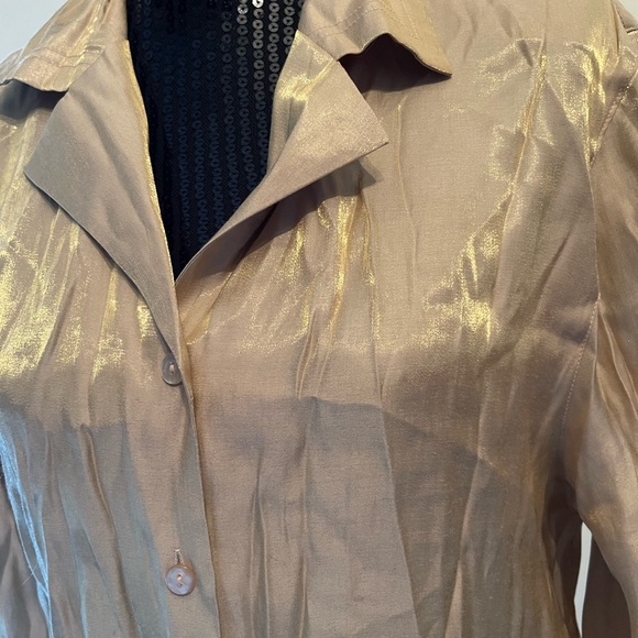 Vintage Script Beige Gold Button Up Crinkle Shirt Size 12 - Picture 2 of 11